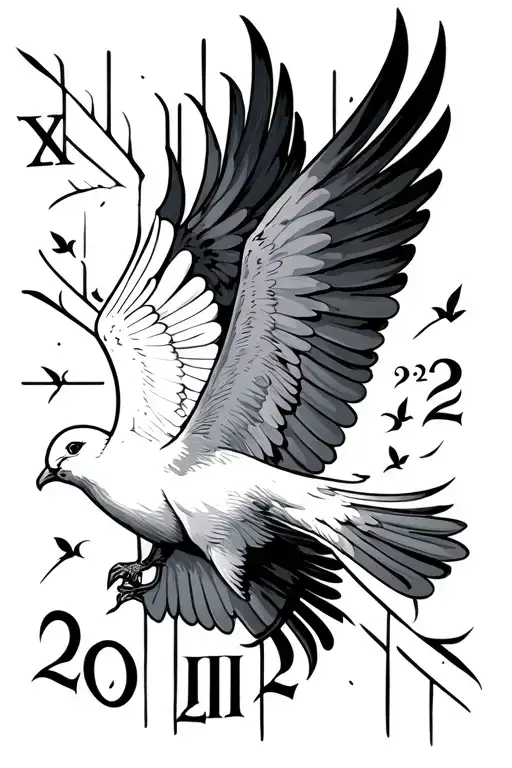 Roman numerals of 2•20•2023 with small dove flying vertical for a behind the ear tattoo  tattoo design idea
