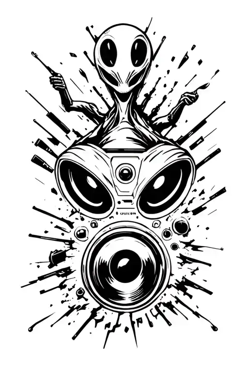 alien coming out (breaking out) of speaker. rave techno crazy tattoo. music makes me free tattoo design idea