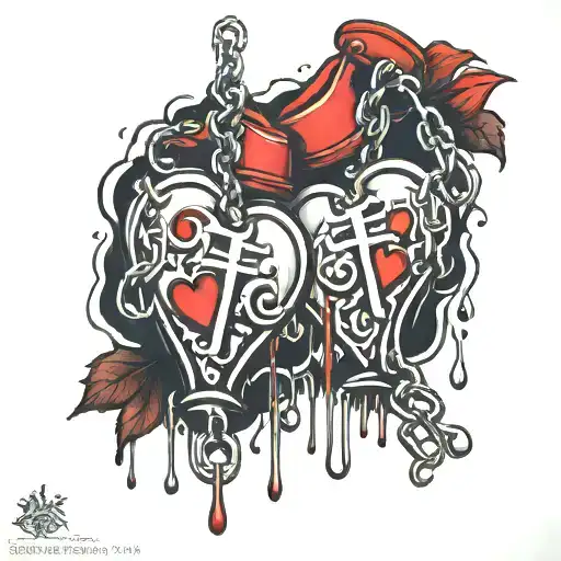 Cross with red blood dripping off but the droplets are love heart shaped and chains holding boxing gloves  tattoo design idea