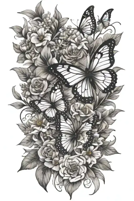 A bouqet of wild flowers with exposed stem on which we overlap a butterfly with open wings, containing the word "family" tattoo design idea