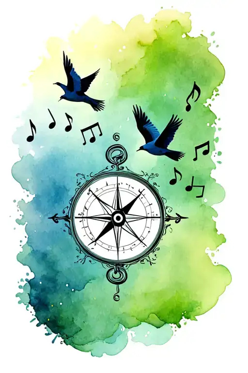 3 birds flying away using a compass music notes floating tattoo design idea