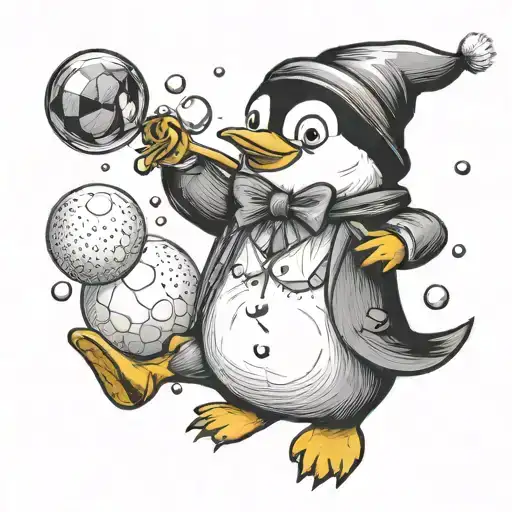 A penguin with a bowtie slipping on a banana peel while juggling snowballs. tattoo design idea