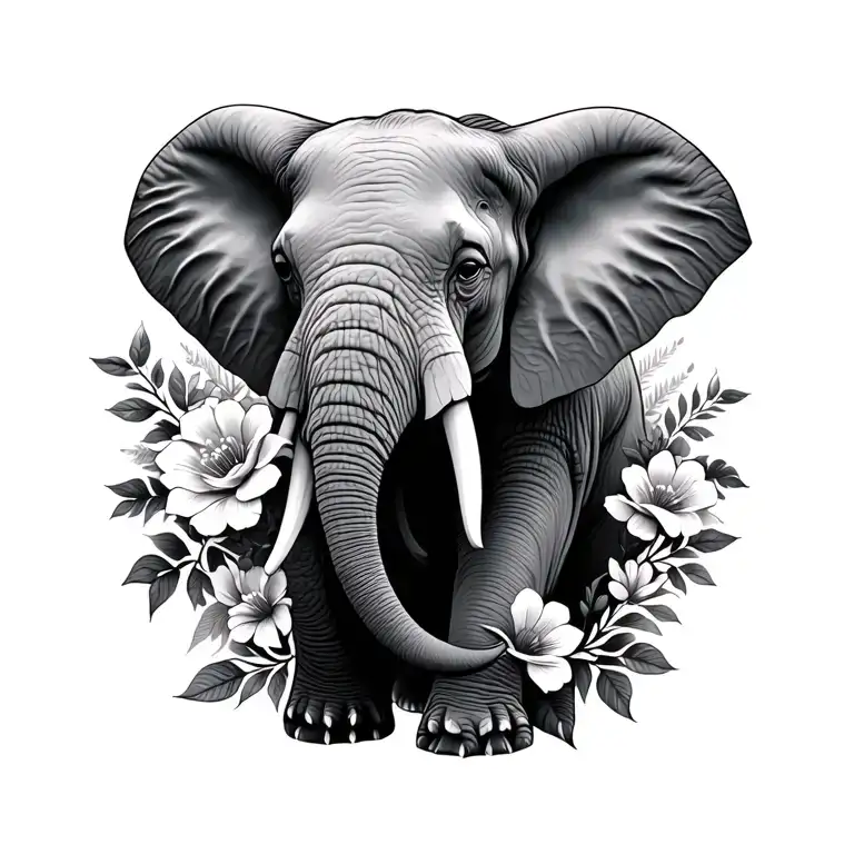 Elephant and flowers tattoo design idea