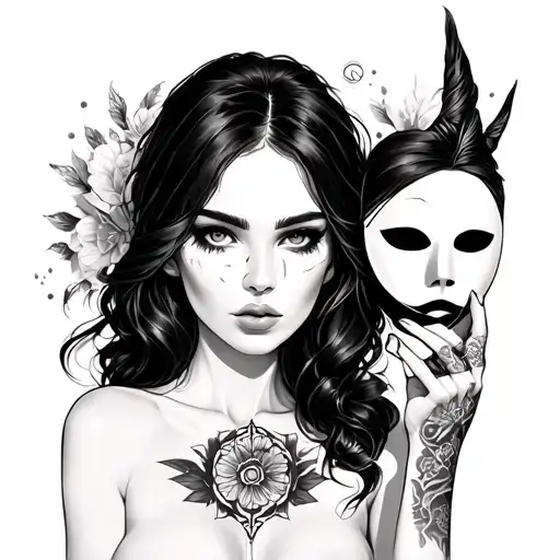 gemini sister holding a mask holding tattoo design idea