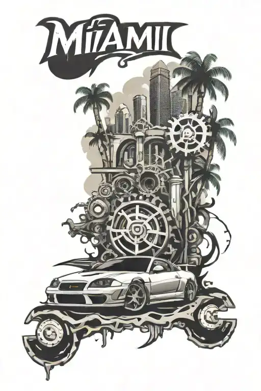 Miami skyline, tuned car with gears tattoo design idea