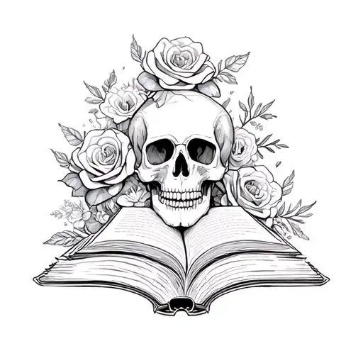 skull roses and books surrounded by florals tattoo design idea