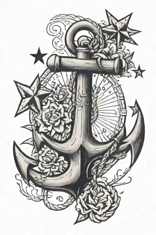 navy anchor with the numbers 307 under it but on the outside of the numbers have two stars tattoo design idea