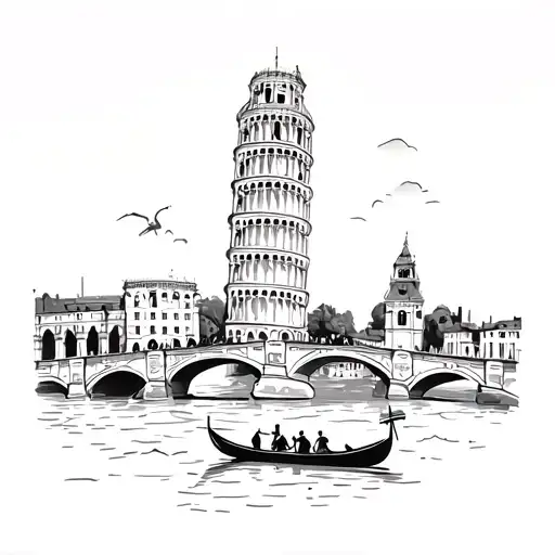 colloseum with the leaning tower of pisa, rialto bridge and a gondola underneath, brandenburg gate and big ben  tattoo design idea