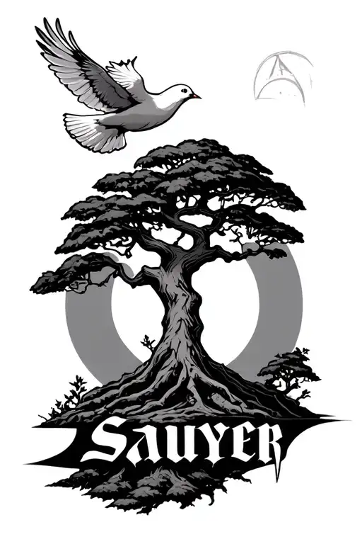 poison tree with a dove flying above with the name Sawyer inside tattoo design idea