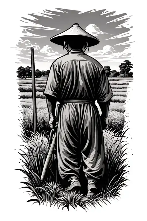 old Chinese farmer working in field facing away tattoo design idea