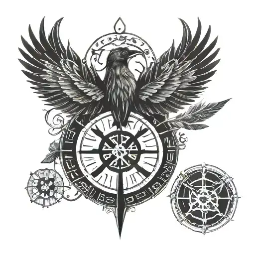 vegvisir Rune design with raven wings spread tattoo design idea