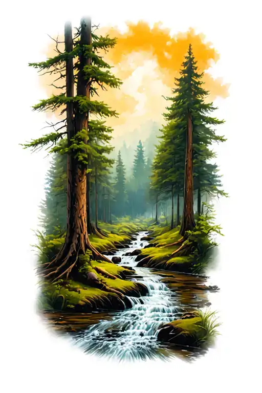 woods with stream meandering through a dense tattoo design idea