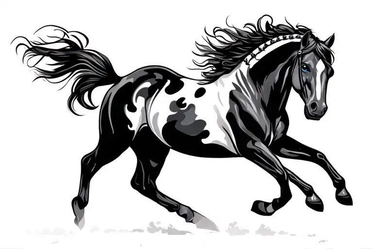 paint horse running to the right with a blue eye, all black and white except for the blue dot. he's a bay tobiano horse tattoo design idea
