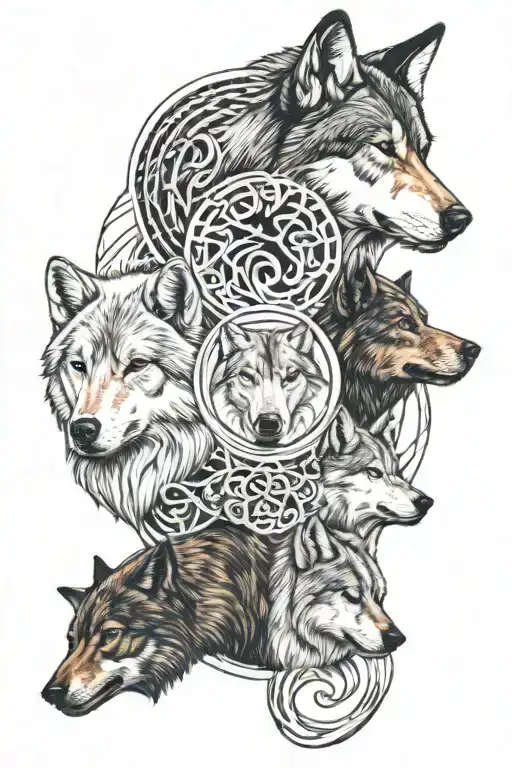 1 Black Alpha wolf, 1 White Female wolf, 1 Brown Male wolf inside of an infinity symbol tattoo design idea