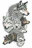 1 Black Alpha wolf, 1 White Female wolf, 1 Brown Male wolf inside of an infinity symbol tattoo design idea