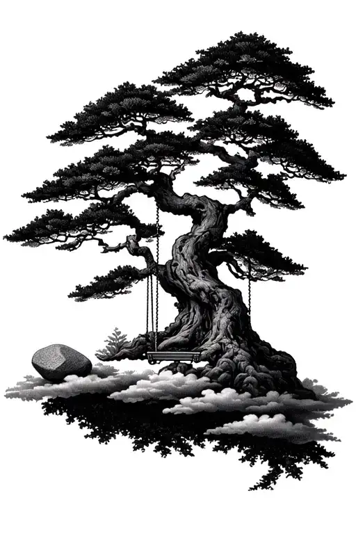 a wide bonzai tree, swing is attached to  the lower branch. the bonsai is set on a cloud. a large stone is close to tree tattoo design idea