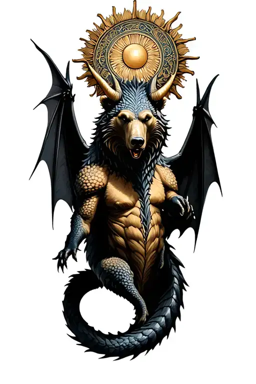 Chimera with the head of the bear, the body of the dragon, the wings of the bat, the tail of the dragon, on the head of the horns, the amulet of Perun Sun tattoo design idea