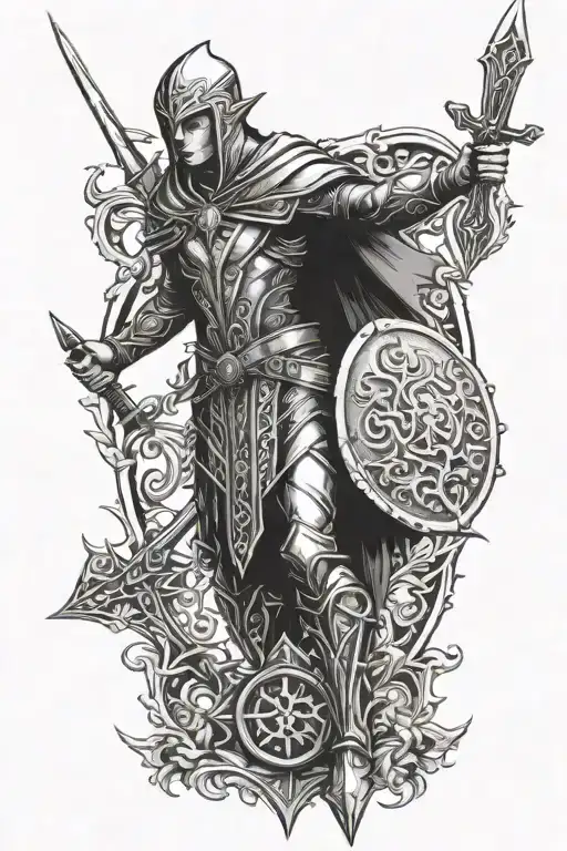 elven warrior with shield and sword  tattoo design idea