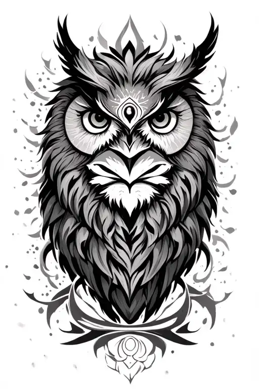 Lion And owl with third eye symbol integrated tattoo design idea