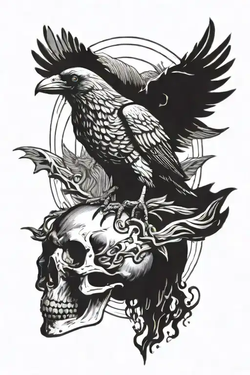 Crow standing on skull in front of the angel of death tattoo design idea