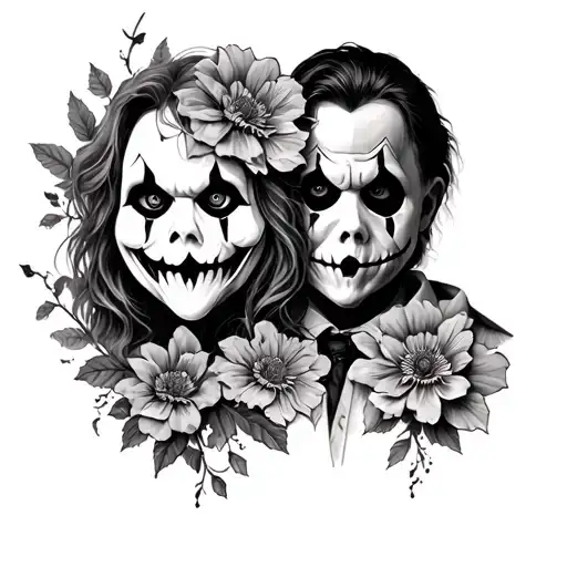 floral horror movie characters - ghostface Chucky and Myers tattoo design idea