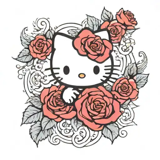 Surround Hello Kitty with soft, flowing roses. The roses can be red, pink, and even white with subtle shading to give th tattoo design idea