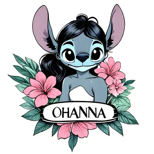 Angela, pink with Lilo and stitch, flowers and the inscription OHANA tattoo design idea