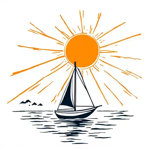 bright sun with rays and a sailing boat tattoo design idea