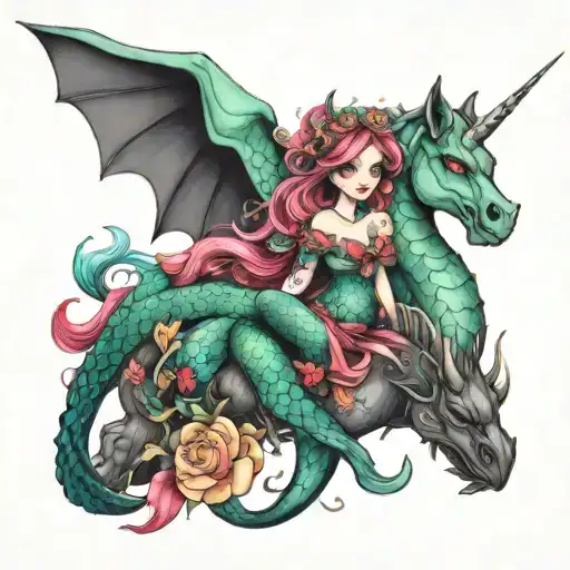 Mermaid, Unicorn, Pixie and Dragon wrapped tattoo design idea