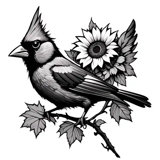 black and white angry cardinal spread wings with sunflower and maple trees tattoo design idea