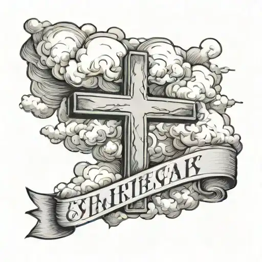 realistic clouds above a cross with a banner wrapped around it tattoo design idea