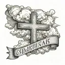 realistic clouds above a cross with a banner wrapped around it tattoo design idea