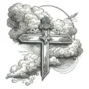realistic clouds above a cross with a banner wrapped around it tattoo design idea