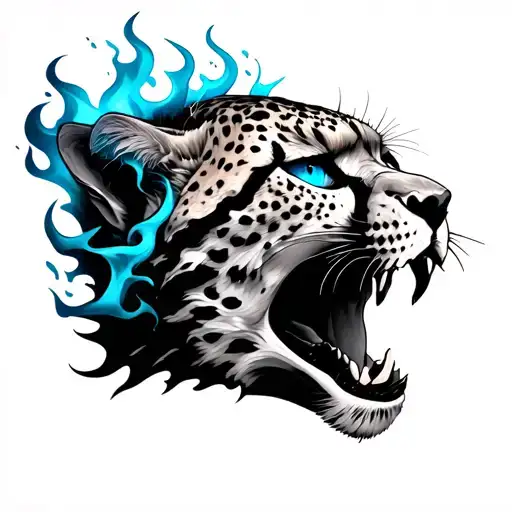 half human skull open mouth with dark blue flames coming out of eye and half cheetah face open mouth with light blue eye tattoo design idea