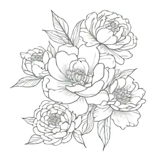 dainty bouquet fine line (daisy, peony, rose) tattoo design idea