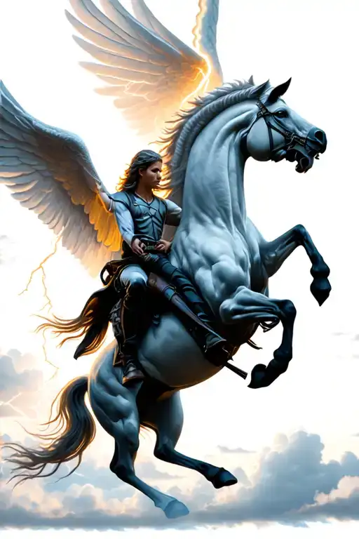 Belloforonte riding Pegasus in the sky illuminated by a lightning tattoo design idea