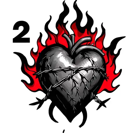 “sacred heart with barbed wire, flames forming the number 2 above it, black and red tattoo flash style tattoo design idea