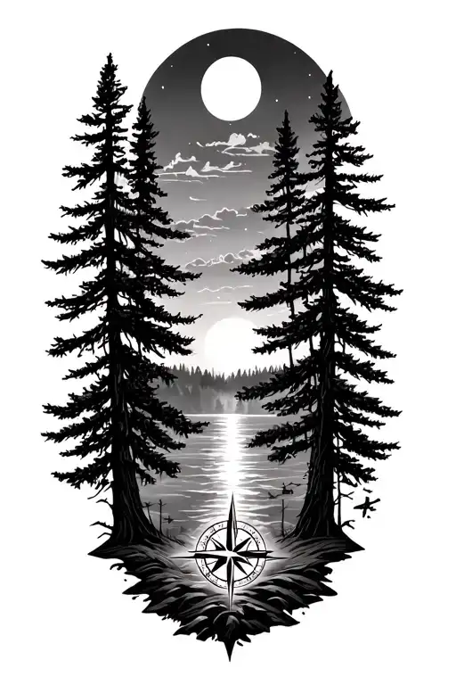 sunset, forest,pine trees, nature scence,compass tattoo design idea