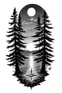 sunset, forest,pine trees, nature scence,compass tattoo design idea