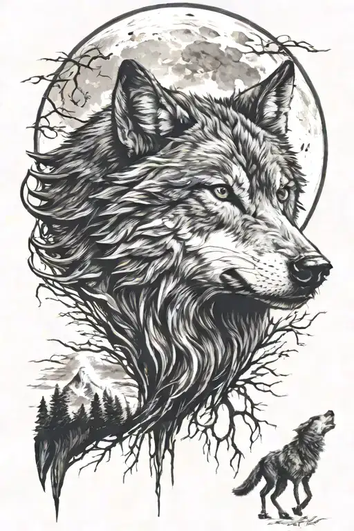 a scary "wolf", on top of the wolf a "Spartan" and in the background a full moon sky with "crows" flying tattoo design idea