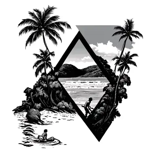 three islands st kitss saint martin and anguila tattoo witha beach and brimstone hill with a person playing a triangle  tattoo design idea