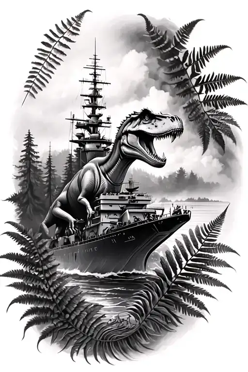 greyscale realism sleeve tattoo with dinosaurs, forests, dimensions, a Navy destroyer in the background, and fern leaves tattoo design idea