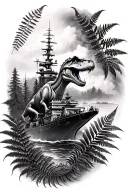 greyscale realism sleeve tattoo with dinosaurs, forests, dimensions, a Navy destroyer in the background, and fern leaves tattoo design idea