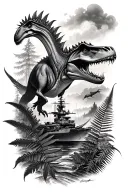 greyscale realism sleeve tattoo with dinosaurs, forests, dimensions, a Navy destroyer in the background, and fern leaves tattoo design idea