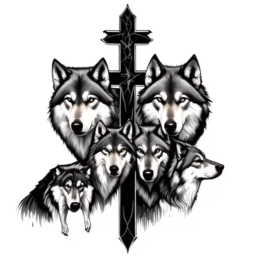 cross with 4 male wolves and 2 female wolves tattoo design idea