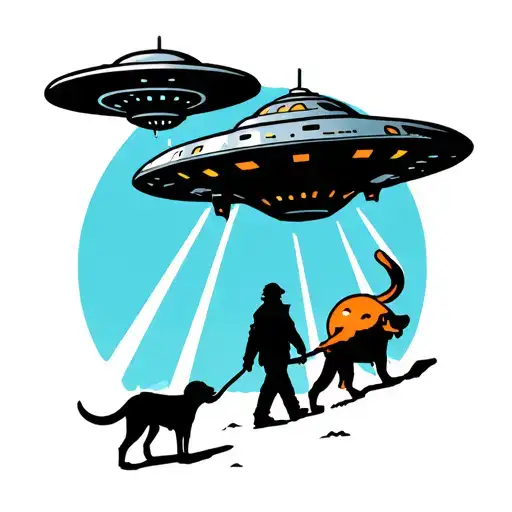 tattoo style image of a ufo with beam and a man walking a dog. The man and dog should be a silhouette. tattoo design idea