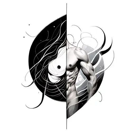 Lower stomach to shoulders, abstract lines following the curvature of the male body , Simbolistics, duality of a gemini tattoo design idea