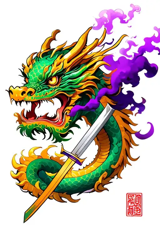 Golden Dragon with sword in his mouth and purple smoke tattoo design idea
