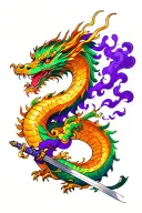 Golden Dragon with sword in his mouth and purple smoke tattoo design idea