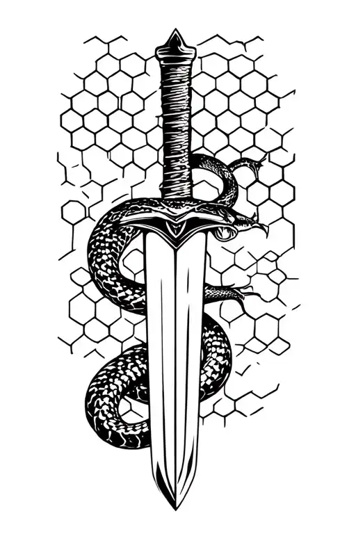 snake wrapped around a sword with a honeycomb pattern behind it tattoo design idea